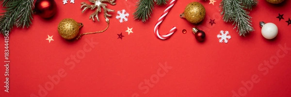 Obraz Christmas flat lay background on red.