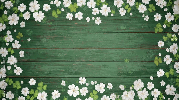 Fototapeta st. patrick's day-themed photography backdrop for children, with white clovers on green wooden planks. the wood has some subtle textures and is painted in shades of forest green. St patrick’s day back