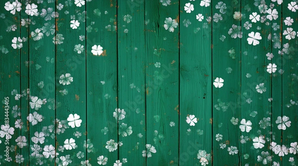 Fototapeta st. patrick's day-themed photography backdrop for children, with white clovers on green wooden planks. the wood has some subtle textures and is painted in shades of forest green. St patrick’s day back