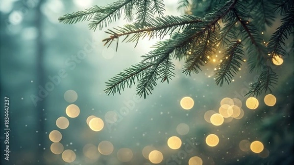 Fototapeta Magical forest evergreen branch with glowing bokeh lights in a dreamy atmosphere