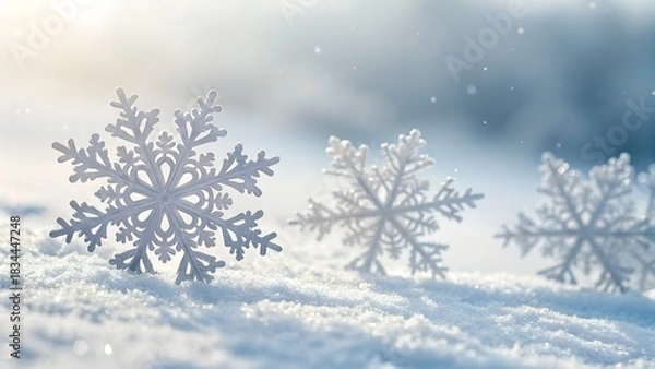 Fototapeta Three decorative snowflakes sparkling in the snow on a cold winter day