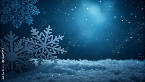 Fototapeta Magical winter scene with snowflakes and sparkling snow in blue tones