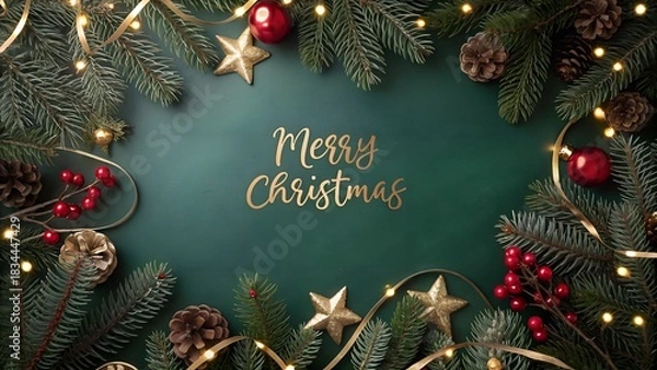 Fototapeta Festive christmas greeting with fir branches lights and ornaments on green background