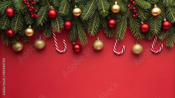 Fototapeta Festive christmas garland with ornaments and candy canes on red background