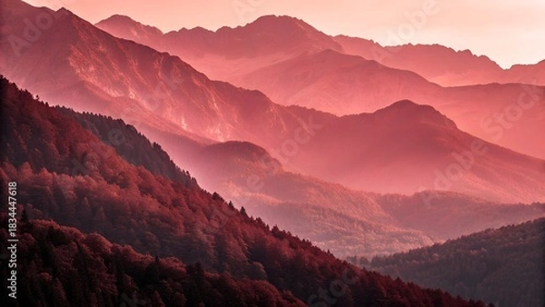 Fototapeta Layers of mountain ranges at sunset with pink and orange hues