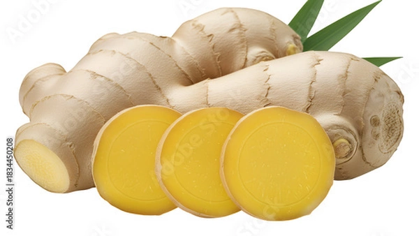 Obraz Fresh organic ginger roots, perfectly sliced pieces, vibrant green leaves, healthy culinary spice, meticulously isolated on transparent background