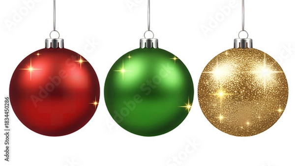Obraz Set of three realistic red, green, and gold glitter Christmas baubles hanging and isolated on transparent background