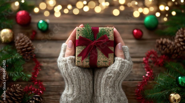 Fototapeta Cozy rustic christmas gift hands in warm grey knitted gloves holding small wrapped present with bokeh lights