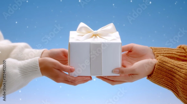 Fototapeta White gift box with ribbon being exchanged between two hands in winter scene conveying warmth and joy