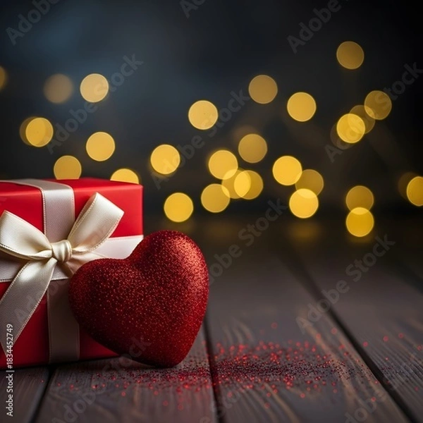 Fototapeta Romantic valentine s day gift with heart and bokeh lights on wood