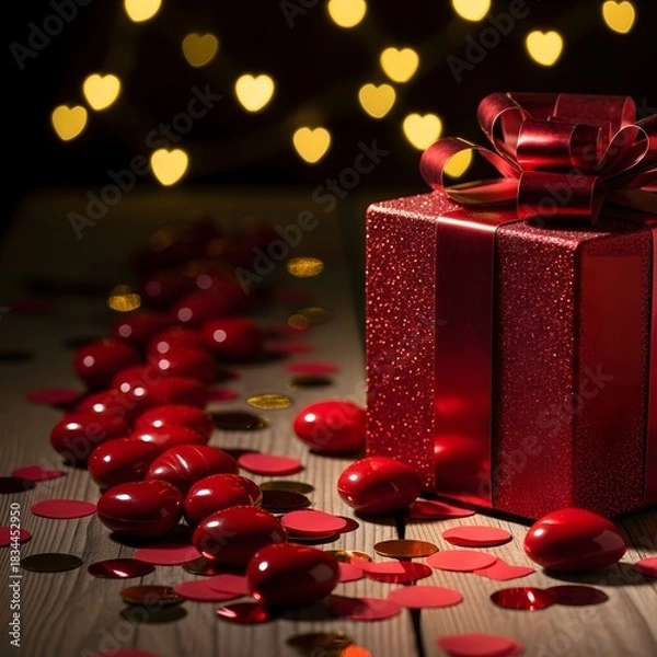 Fototapeta Red gift box with heart bokeh lights for valentine s day