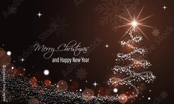 Fototapeta Christmas and New Year glowing red vector banner with snow wave, glitter, stars, snowflakes and christmas tree.