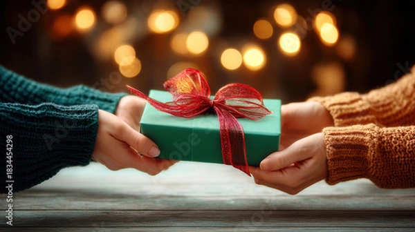 Fototapeta Hands exchanging wrapped gift box with festive ribbon near warm bokeh lights conveying joyful holiday giving