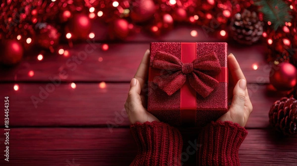 Fototapeta Red gift box red ribbon red bow red sweater hands holding red present red holiday lights