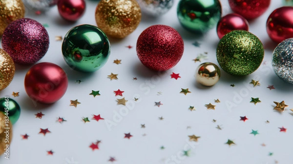 Fototapeta Shiny red green gold glitter Christmas ornament balls spread on white surface with star confetti