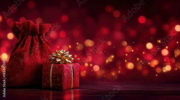 Fototapeta Red glitter gift box with gold bow and red velvet sack on festive bokeh background, warm holiday atmosphere