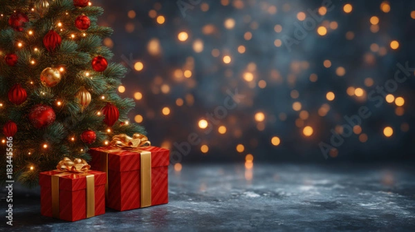 Fototapeta Festive Christmas tree with red and gold ornaments and wrapped gifts glowing with warm lights, cozy holiday atmosphere