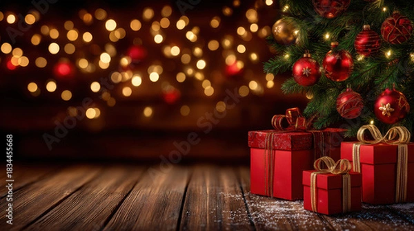 Fototapeta Vintage red and gold Christmas tree ornaments and wrapped gifts under warm bokeh lights creating cozy festive atmosphere
