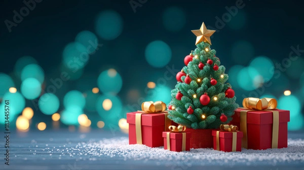 Fototapeta Festive miniature Christmas tree with red bauble decoration and golden star surrounded by wrapped gifts