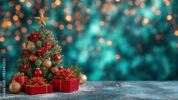 Fototapeta Festive miniature Christmas tree with red and gold ornaments and wrapped presents creating warm holiday cheer