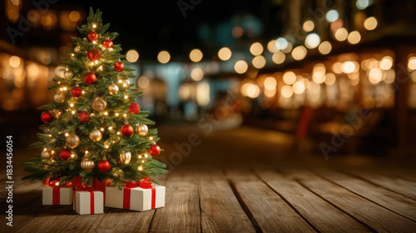 Fototapeta Festive Christmas tree decorated with red and gold ornaments and lights beside wrapped presents evoking warm holiday cheer