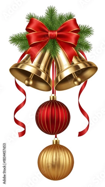 Obraz Golden christmas bells with red bow and ornaments isolated on transparent background
