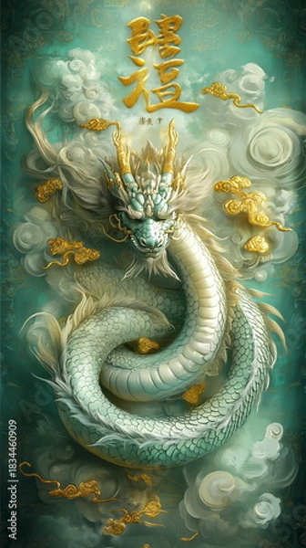 Fototapeta Majestic dragon artwork asian culture digital illustration mystical atmosphere close-up view symbol of prosperity