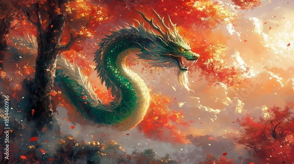 Obraz Majestic dragon emerges amidst autumn leaves fantasy landscape digital art enchanted forest aerial view mythical creatures