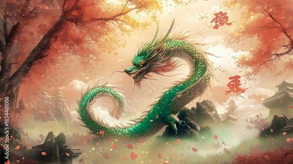 Obraz Majestic dragon dance amidst autumn trees in serene landscape art