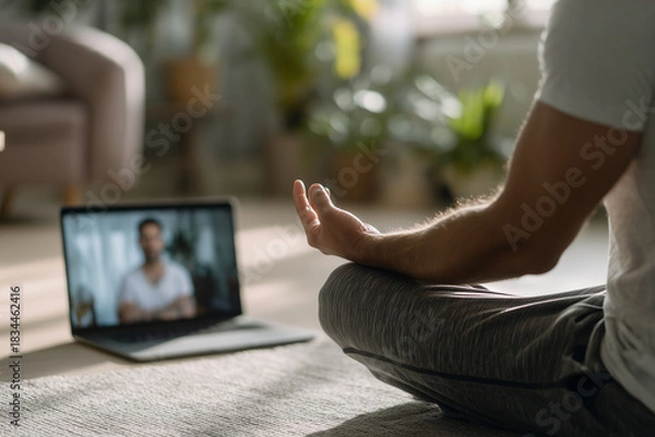 Fototapeta Japanese man joining a virtual fitness coaching session at home, sitting on floor. Inclusive wellness, trainer visible on screen, remote training atmosphere. Man in virtual fitness coaching session.