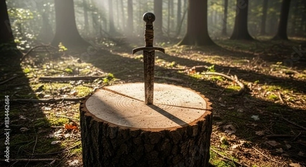 Obraz sword stab on wood log