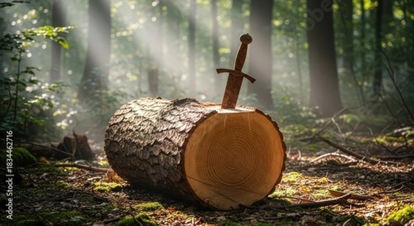 Obraz sword stab on wood log