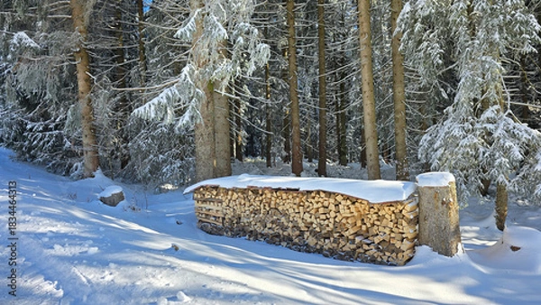 Obraz View of a neatly stacked woodpile in a background of a snowy forest.