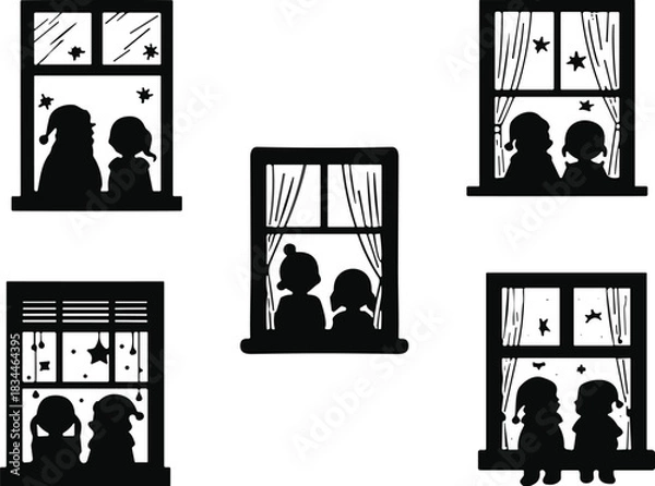 Obraz Black Silhouette of Children Looking Out of Christmas Windows: Kids in Santa Hats Watching Snow; Vector Collection for Holiday Season and Winter Scene Design