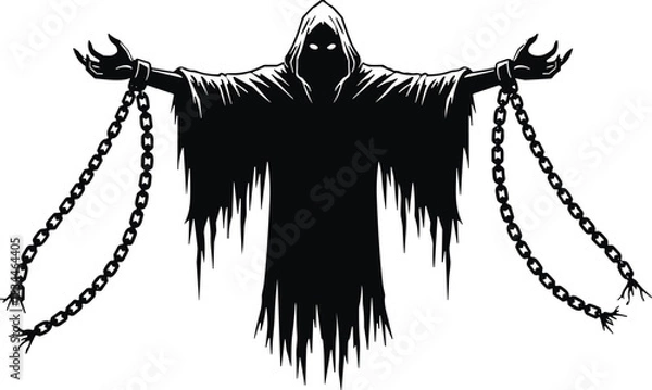 Obraz Black Silhouette of a Spooky Ghost or Wraith with Ragged Cloak and Broken Chains; Vector Icon for Halloween, Horror, Dark Fantasy, and Spirit Concepts