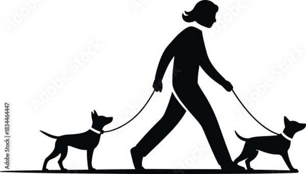 Obraz Black Silhouette of a Person Walking Two Dogs on Leashes Outdoors; Vector Icon for Pet Care, Dog Walking Service, Responsibility, and Animal Love Concepts