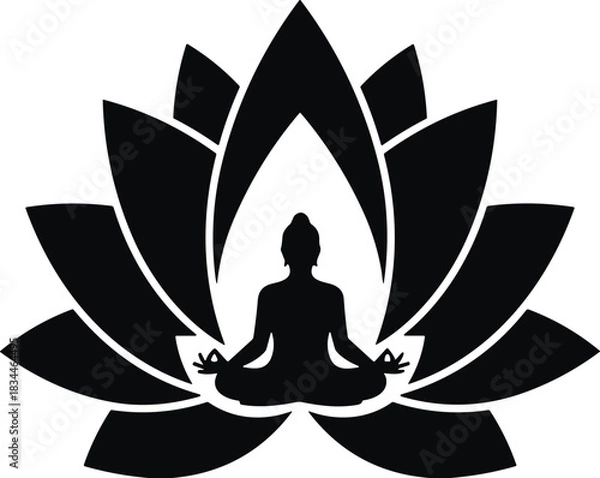 Obraz Black Silhouette of Person Meditating in Lotus Pose Within a Sacred Flower; Vector Icon for Yoga, Spirituality, Zen, Wellness, and Relaxation Concepts