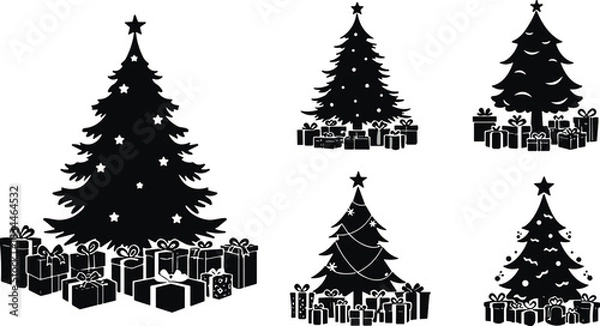 Obraz Set of Black Christmas Tree Silhouettes with Star Topper and Surrounded by Gift Boxes; Vector Collection for Winter Holiday Celebration and Festive Design