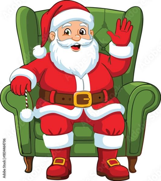 Obraz Happy Cartoon Santa Claus Character Sitting in Green Armchair and Waving Hand; Festive Vector Illustration for Merry Christmas and Winter Holiday Season