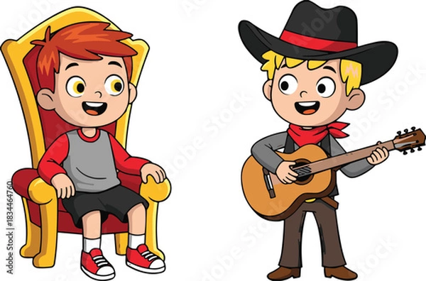 Obraz Set of Two Cute Cartoon Boy Characters: Child King Sitting on a Throne and Cowboy Playing Acoustic Guitar; Vector Illustration for Kids and Entertainment