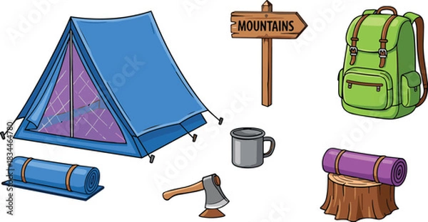 Obraz Set of Hiking and Camping Equipment: Tent, Backpack, Sleeping Mat, Mug, Axe, and Mountains Sign; Vector Collection for Outdoor Travel and Adventure
