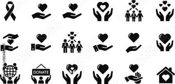 Obraz Global Charity Donation and Support Icons: Hands Holding Hearts, Ribbon, and Family; Black Vector Collection for Volunteer, Care, and Awareness Concepts