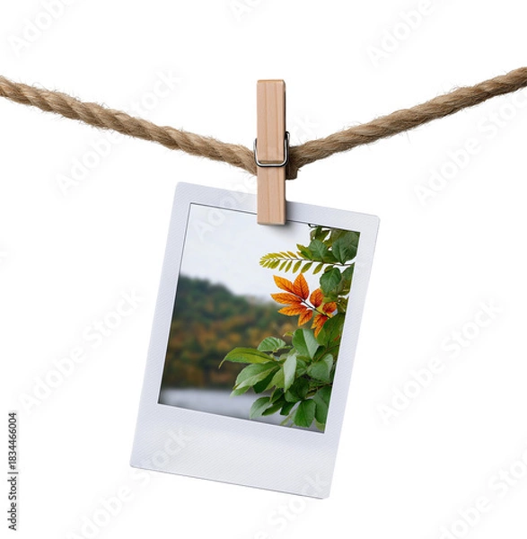 Obraz Instant photo of autumn leaves clipped to rope with wooden clothespin isolated on transparent background