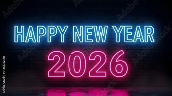 Obraz Brighten up your 2026 with this vibrant Happy New Year neon sign, perfect for party invites, social media posts, and festive advertising campaigns