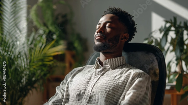 Fototapeta Black man doing a desk yoga twist in a modern office. Calm, inclusive wellness moment with natural light and greenery. Man performing subtle desk yoga twist, bright office, work-life balance wellness 