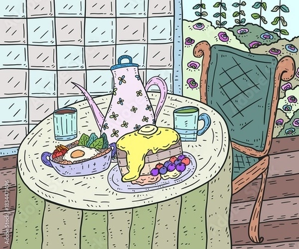 Obraz Breakfast table doodle color illustration