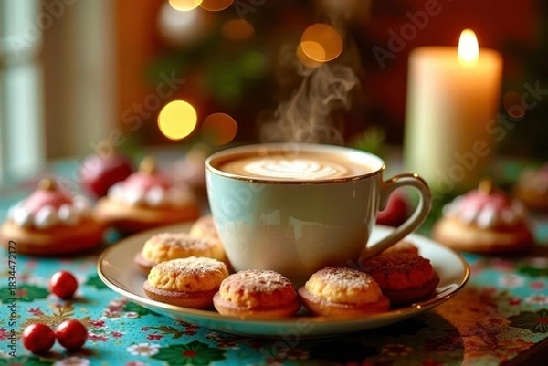 Fototapeta A cup of coffee with a green leaf on top of it