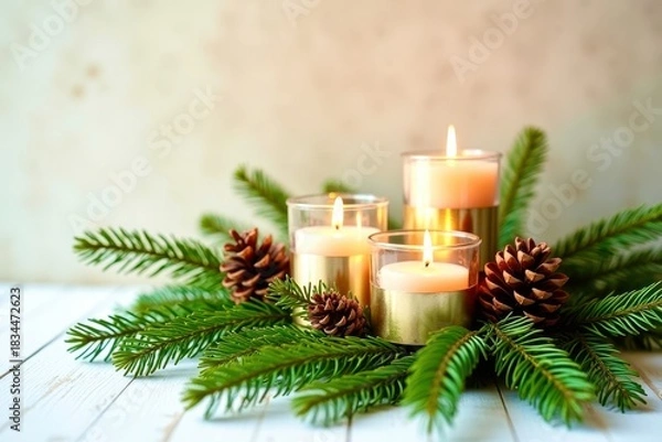 Fototapeta Three candles are lit on a pine branch