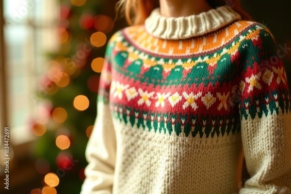 Fototapeta A woman is wearing a sweater with a Christmas tree pattern on it