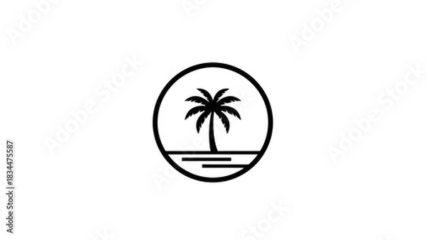 Fototapeta A minimalist black and white line art icon of a palm tree on an island inside a circle.
